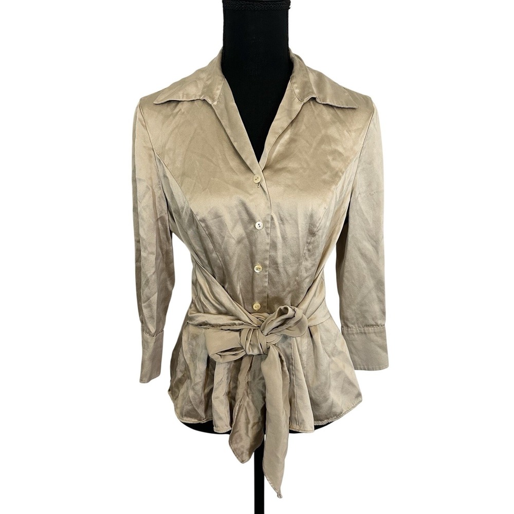 Lafayette 148 Gold Beige 100% Silk Tie Waist Button Up Blouse Top Quiet Luxury 6